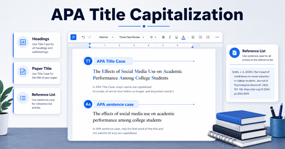 APA title capitalization guide showing title case and sentence case examples