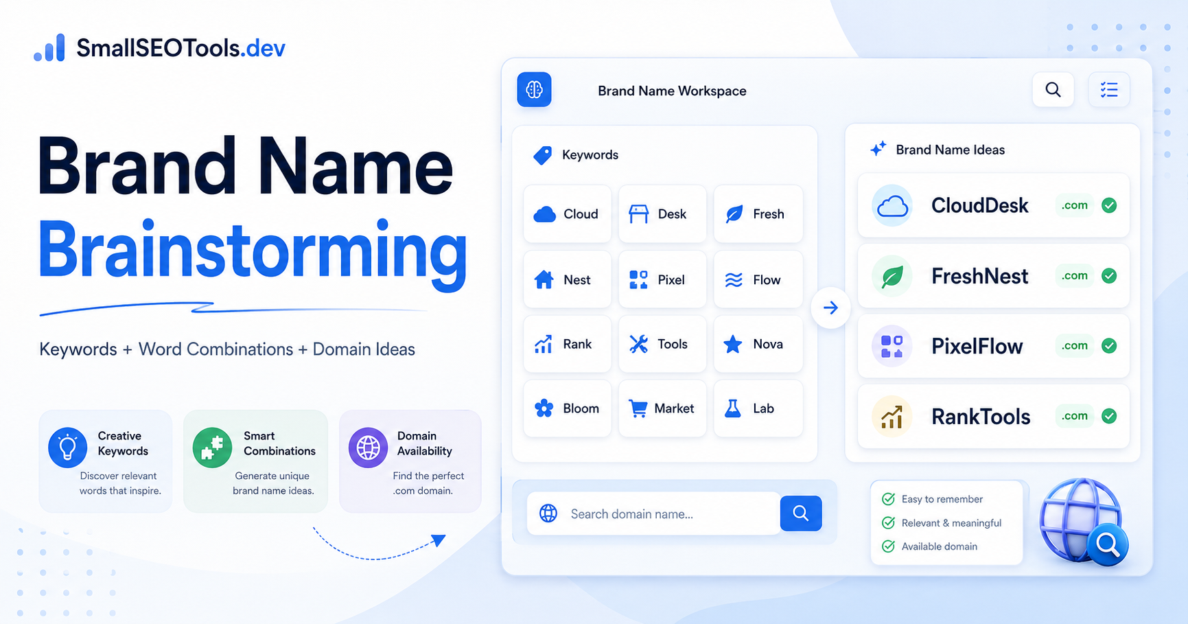 Brand naming workspace showing keyword cards, word combinations, domain ideas, and creative business name concepts