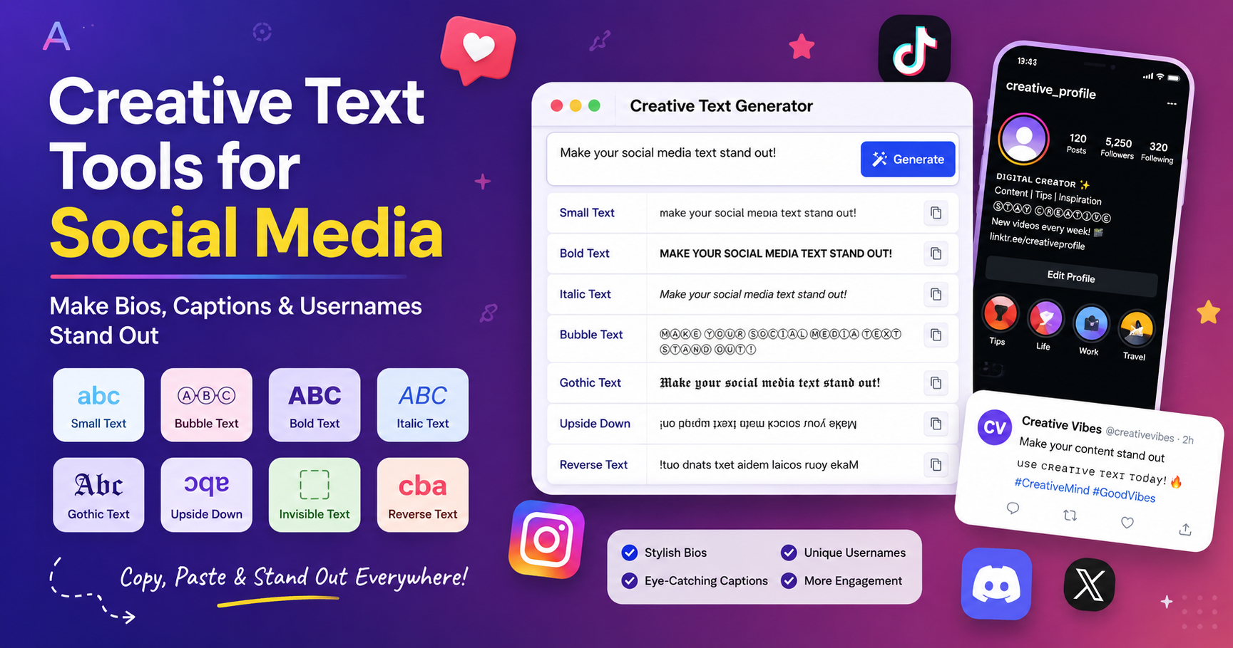 Social media dashboard showing creative text styles for bios, captions, usernames, and posts