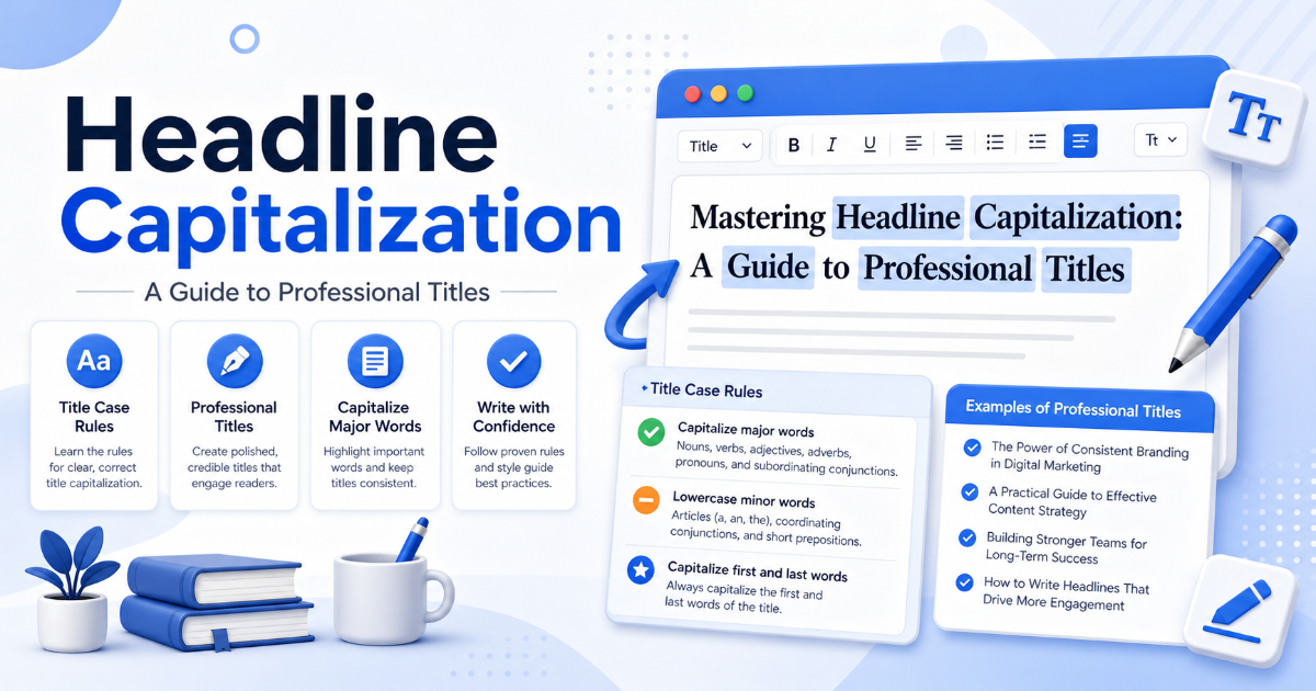 Headline capitalization guide showing title case rules and professional title examples