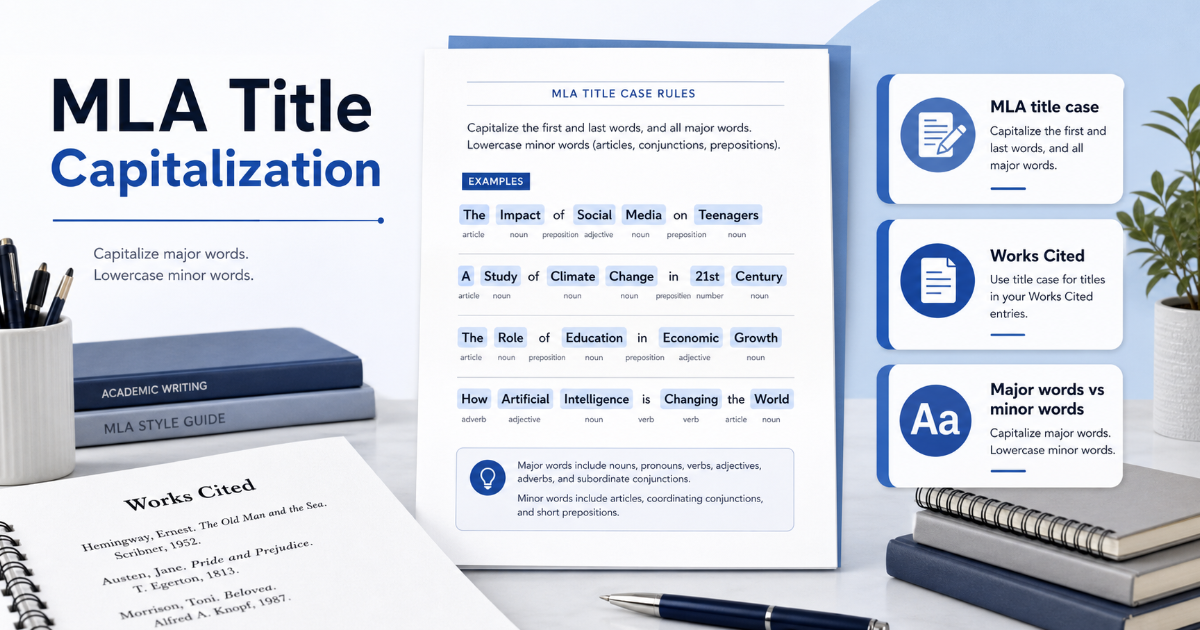 MLA title capitalization guide showing academic title case rules and examples