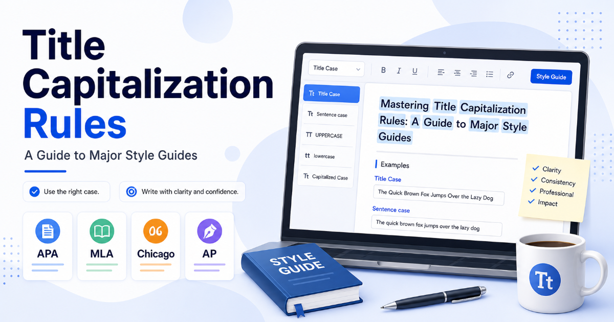 Document title editor showing title capitalization rules for APA, MLA, Chicago, and AP styles