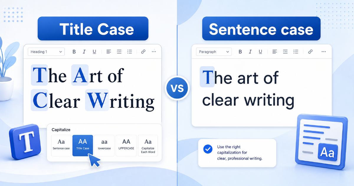 Title case vs sentence case capitalization guide with text formatting examples